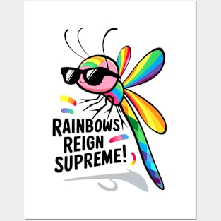 Rainbow Reigns Supreme: A Stylish Dragonfly with Pride Sunglasses Posters and Art